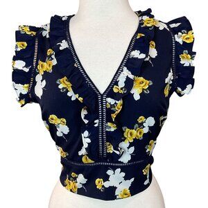 J by JOA Ruffled V-Neck Navy Floral Ladder Trim Open Tie Back Crop Top Medium